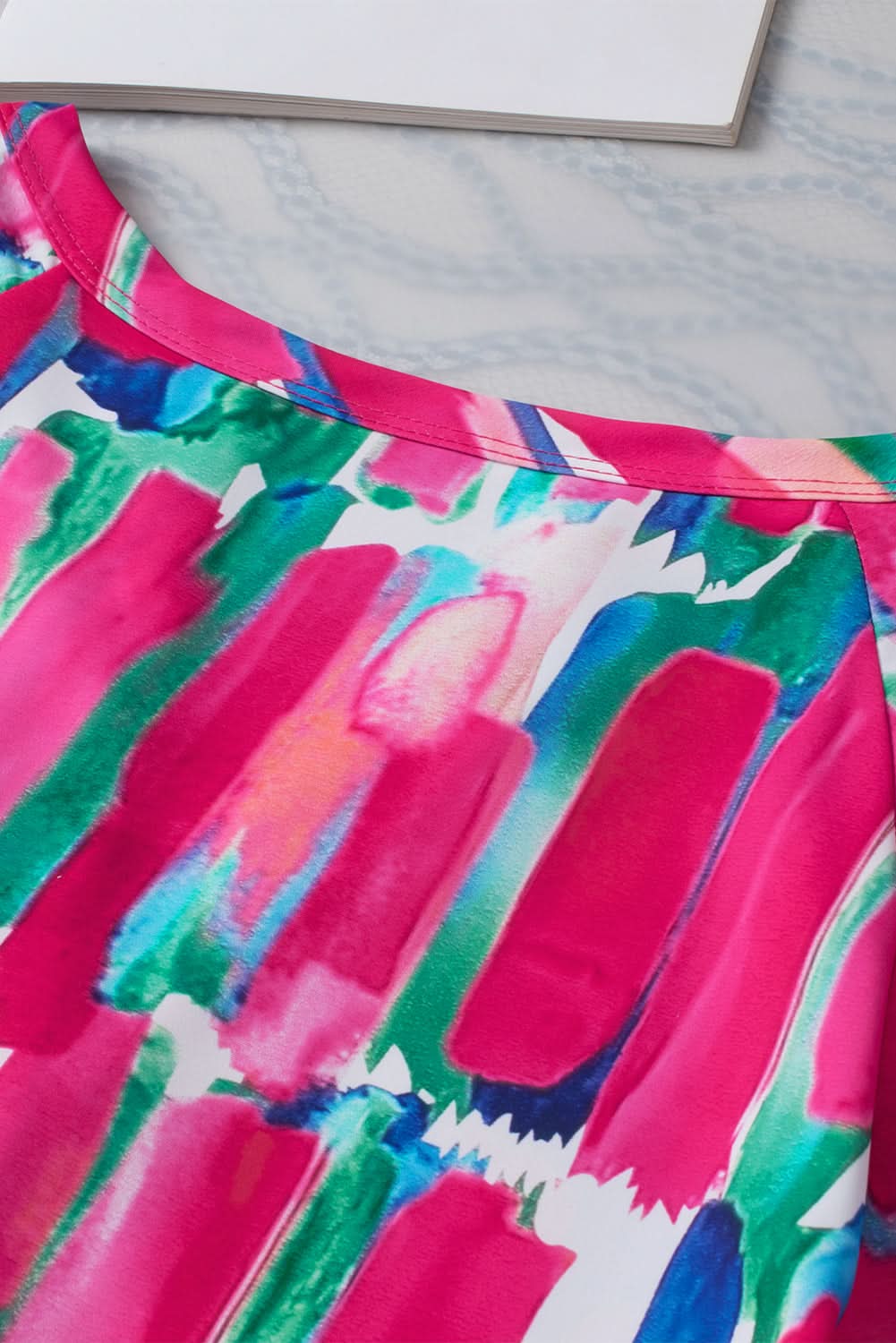 Rose Abstract Brushwork Print Buttoned V Neck Blouse - Love Salve